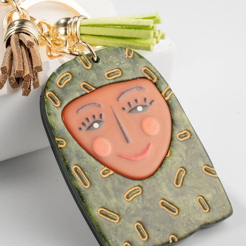 Artistieke Abstract Face Hanger Sleutelhanger Met Dubbele Kwastjes Groene Hars Metalen Sleutelring Voor Tas Decor Vrouwen Mode Accessoire