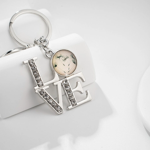 Vintage Löwenzahn Zeit Edelstein Schlüsselanhänger Für Damen Metall LOVE Anhänger Strass Tasche Hängende Dekoration Geschenk