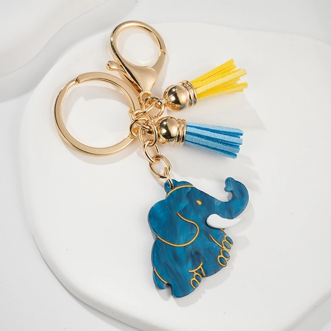 Porte-clés Éléphant Mignon Motif Marbre Bleu Pendentif Animal Plaqué Or Avec Glands pour Sacs Clés de Voiture Cadeau Femme Homme