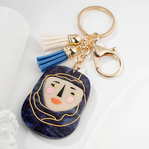 European Artistic Starry Sky Female Face Pendant Keychain With Double Tassels Fashion Metal Resin Bag Charm Ornament For Women
