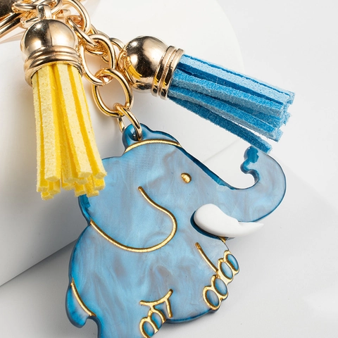 Porte-clés Éléphant Mignon Motif Marbre Bleu Pendentif Animal Plaqué Or Avec Glands pour Sacs Clés de Voiture Cadeau Femme Homme