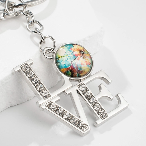 Mode LOVE Buchstabe Strass Metall Schlüsselanhänger Kolibri Kunst Glas Anhänger Schlüsselring Für Damen Tasche Schmuck Geschenk