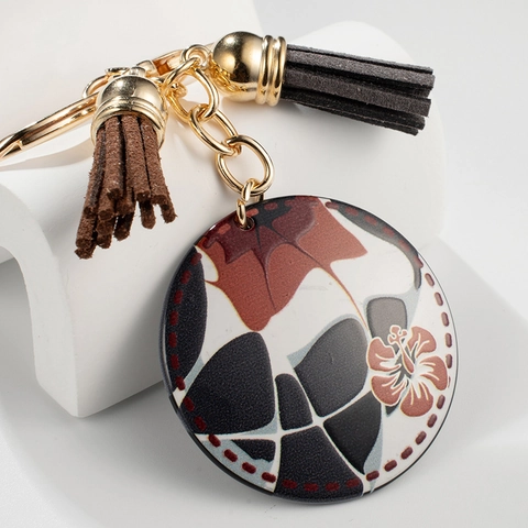 Modern Metal Round Pendant Keychain Hibiscus Monstera Pattern Double Suede Tassels Women Bag Hanging Accessory Charm