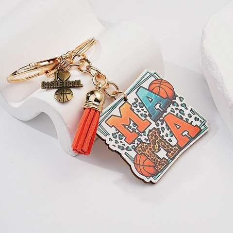 Portachiavi Basketball Mama Regalo per la Festa della Mamma Con Piastra in Metallo Leopardato e Nappina Arancione Pendente Sportivo Gioielli Donna