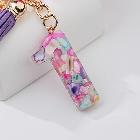 Cute Pink Pom Pom Keychain Floral Resin Number Pendant With Tassel Gold Metal Key Ring For Women Girls Bag Charm Gift