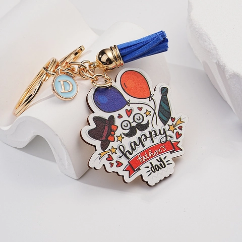 Creative Cartoon Happy Father's Day Keychain With Blue Tassel Letter D Pendant Metal Acrylic Key Ring Pendant For Father Gift