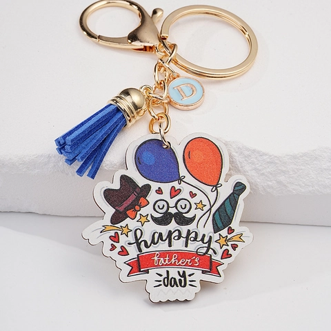 Creative Cartoon Happy Father's Day Keychain With Blue Tassel Letter D Pendant Metal Acrylic Key Ring Pendant For Father Gift