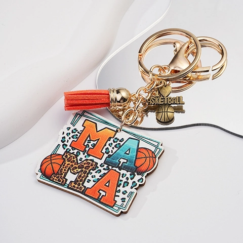 Portachiavi Basketball Mama Regalo per la Festa della Mamma Con Piastra in Metallo Leopardato e Nappina Arancione Pendente Sportivo Gioielli Donna