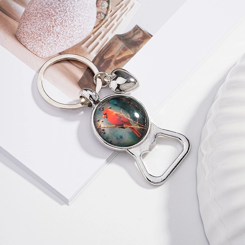Cardinal Bird Bottle Opener Keychain Metal Glass Heart Charm Memorial Gift Red Bird Key Ring For Family Friends Jewelry