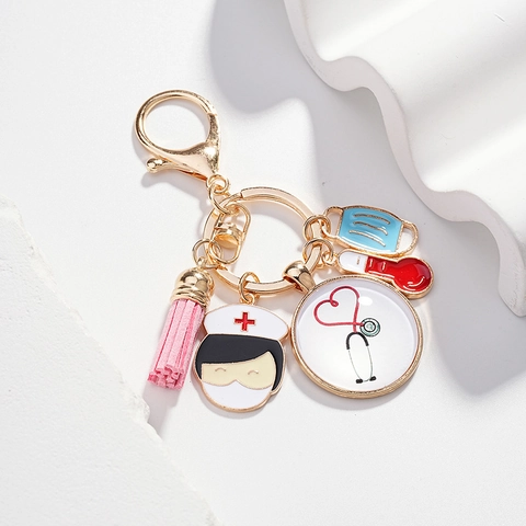 Tag Der Krankenschwester Herzschlag EKG Stethoskop Herz Schlüsselanhänger Legierung Gold Emaille Krankenschwester Maske Thermometer Quaste Anhänger