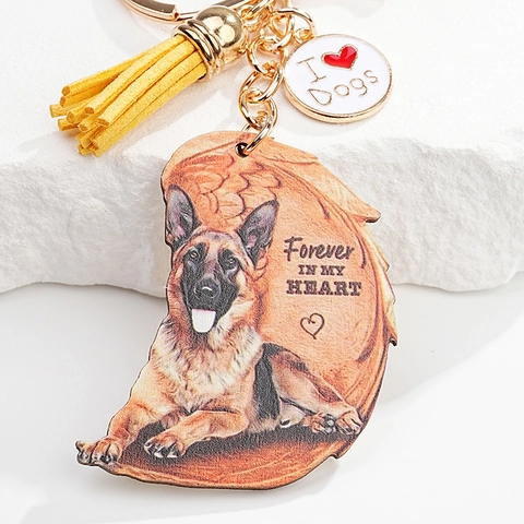 Portachiavi Commemorativo per Cani Forever In My Heart Slogan Anello Portachiavi in Legno Con Nappina Gialla Pastore Tedesco Corgi Golden Retriever Regalo per Amanti degli Animali
