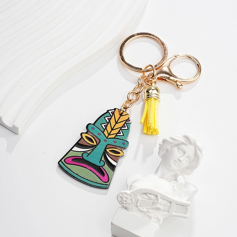 Portachiavi Maschera Tiki Tribale Bohémien Ciondolo Totem Colorato Con Nappa Scamosciata Acrilico Lega Per Decorazione Borsa