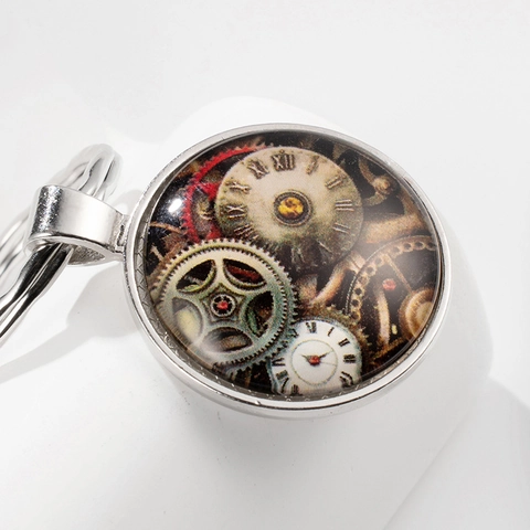 Porte-clés Steampunk Vintage Engrenages Horloge Gemme en Verre Pendentif Rond en Alliage d'Argent