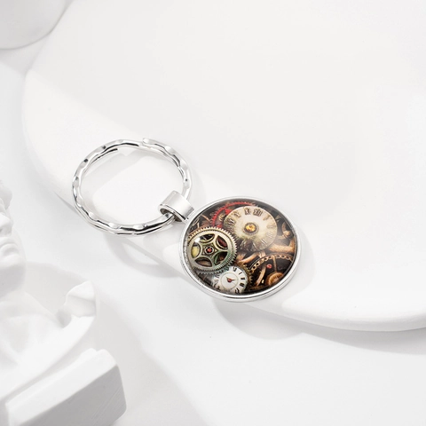 Porte-clés Steampunk Vintage Engrenages Horloge Gemme en Verre Pendentif Rond en Alliage d'Argent