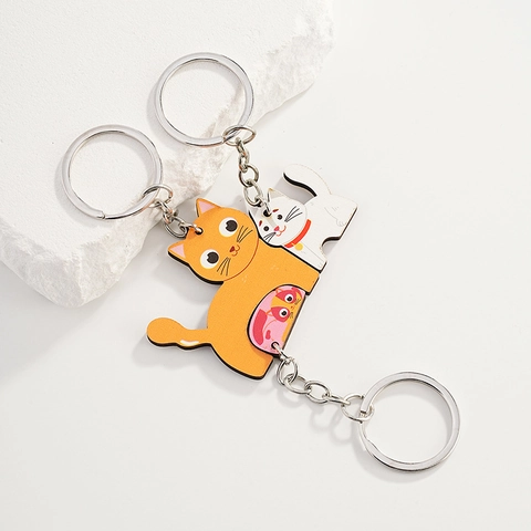 Portachiavi Creativo in Legno a Forma di Gatto Set Puzzle Animale Cartone Animato per Genitori Bambini Regalo Amico