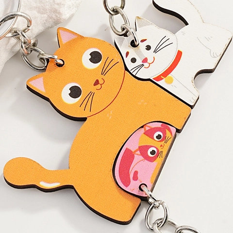 Portachiavi Creativo in Legno a Forma di Gatto Set Puzzle Animale Cartone Animato per Genitori Bambini Regalo Amico