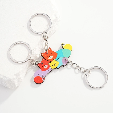Creativo Portachiavi in Legno Famiglia di Volpi Pendente Sfumato Animali Puzzle Portachiavi per Borse Accessorio Auto Regalo