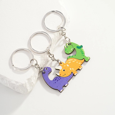 Set di 3 Portachiavi in Legno a Forma di Dinosauro Animato Brontosauro Viola Triceratopo Giallo Rex Verde Souvenir Museali Pendenti