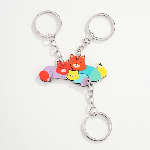 Creativo Portachiavi in Legno Famiglia di Volpi Pendente Sfumato Animali Puzzle Portachiavi per Borse Accessorio Auto Regalo