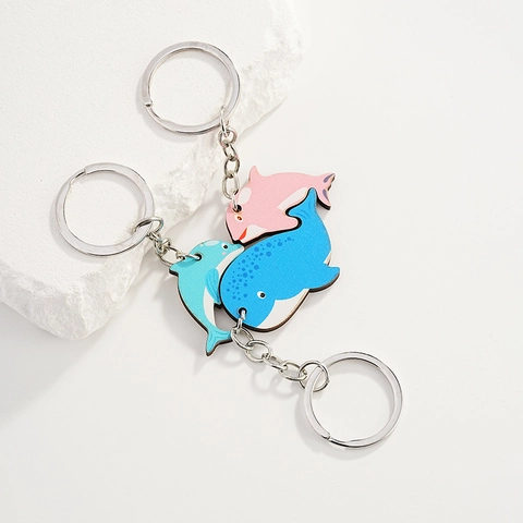 Ensemble de Porte-clés en Bois Dauphin Dessin Animé Animal Marin Baleine Charme de Sac Porte-clés Décoratif pour Enfants Femmes
