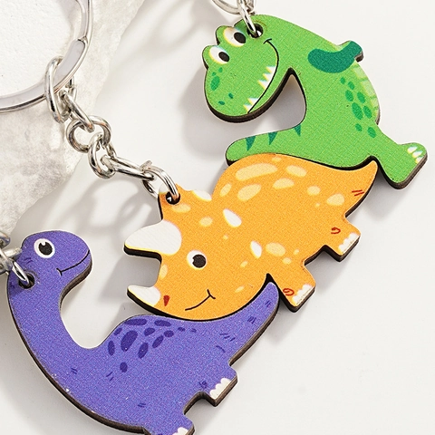 Set di 3 Portachiavi in Legno a Forma di Dinosauro Animato Brontosauro Viola Triceratopo Giallo Rex Verde Souvenir Museali Pendenti