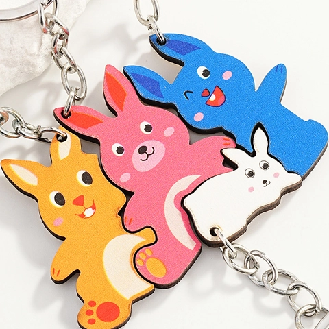 Portachiavi in Legno a Forma di Coniglio Cartoon Set Pendente per Borsa Animale Decorazione Accessorio per Donne Bambini Regalo