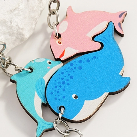 Ensemble de Porte-clés en Bois Dauphin Dessin Animé Animal Marin Baleine Charme de Sac Porte-clés Décoratif pour Enfants Femmes