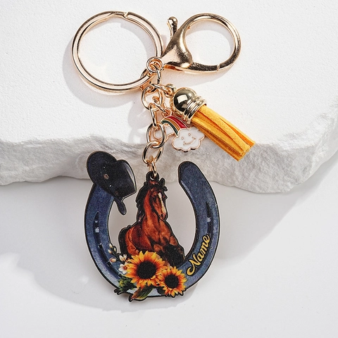 Sunflower Animal Wooden Keychain With Yellow Tassel Enamel Rainbow Charm Retro Western Cowboy Horse Dog Cow Bee Pattern Key Ring Bag Pendant Accessory