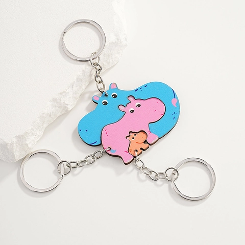 Llavero de Madera de Familia de Hipopótamos de Dibujos Animados Colgante para Bolso Regalo para Padres e Hijos Puzzle de Costura