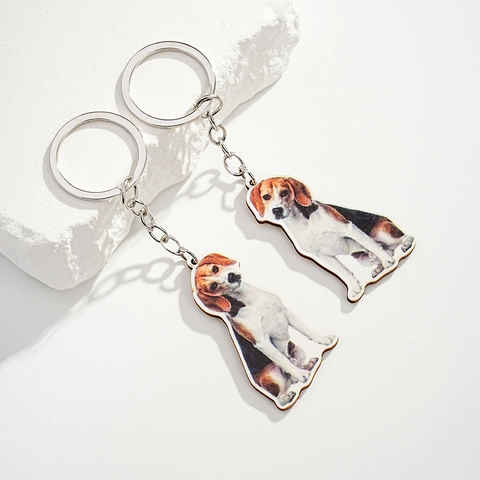 Wooden Beagle Dog Pattern Keychain Pendant Cute Animal Shape Key Ring For Pet Lovers Everyday Bag Hanging Decoration Ornament