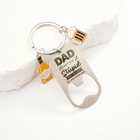 Stainless Steel Father's Day Gift Keychain Humorous Dad Can't Fix Stupid Engraved Metal Bottle Opener Keychain Beer Lovers Jewelry