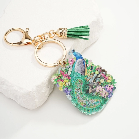 Squisito Portachiavi in Acrilico Con Pavone Dipinto Stile Foresta Ciondolo Borsa Floreale Con Nappa Portachiavi Artistico Donna