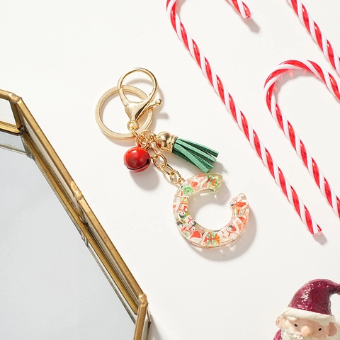 Christmas Letter C Resin Keychain With Snowman Sequins Green Tassel Red Bell Gold Lobster Clasp Bag Ornament Holiday Gift