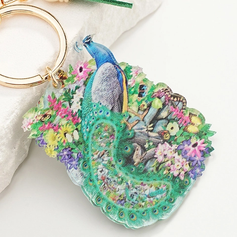 Squisito Portachiavi in Acrilico Con Pavone Dipinto Stile Foresta Ciondolo Borsa Floreale Con Nappa Portachiavi Artistico Donna