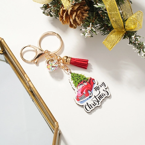 Christmas Retro Red Truck Wood Keychain With Tassel And Sequin Ball Gold Metal Lobster Clasp Merry Christmas Hanging Ornament