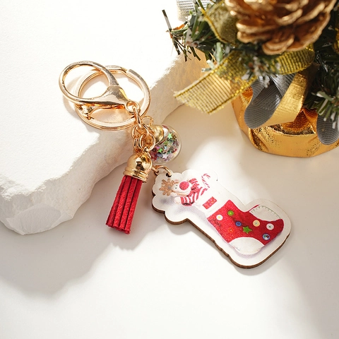 Porte-clés Chaussette de Noël Renne Dessin Animé Avec Gland Rouge Boule de Paillettes Métal Or pour Fête de Vacances Cadeau