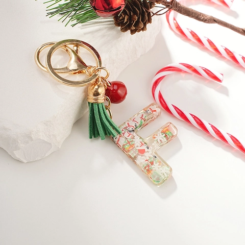 Porte-clés De Noël En Résine Transparente Lettre F Avec Bonhomme De Neige Flocon De Neige Cloche Rouge Gland Vert Cadeau
