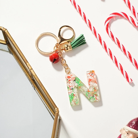 Christmas Resin Letter N Keychain With Santa Claus Christmas Tree Snowflakes Red Bell Green Tassel Hanging Ornament Pendant Gift