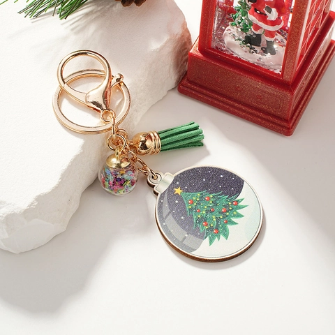 Portachiavi Natalizio in Legno Con Albero di Natale Nappina Verde e Ciondolo a Sfera di Paillettes Portachiavi Tondo in Legno Decorazione Natalizia