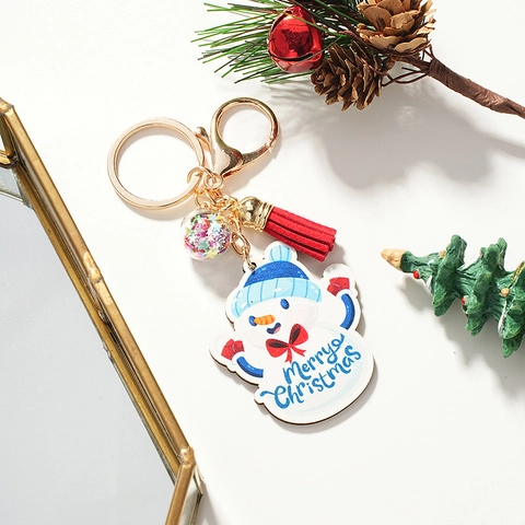 Portachiavi in Legno con Pupazzo di Neve di Natale Con Nappina Rossa Ciondolo a Sfera di Paillettes Colorate Merry Christmas Regalo