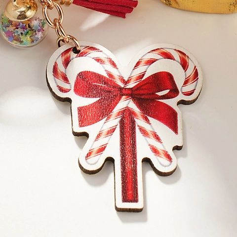Cute Christmas Candy Cane Keychain With Red Tassel Gold Metal Key Ring Star Sequin Glass Ball Festive Decorative Bag Pendant