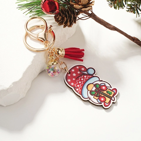 Porte-clés en Bois Gnome de Noël Père Noël Avec Gland et Boule de Paillettes Étoiles Dessin Animé Mignon Décoration de Sac Cadeau
