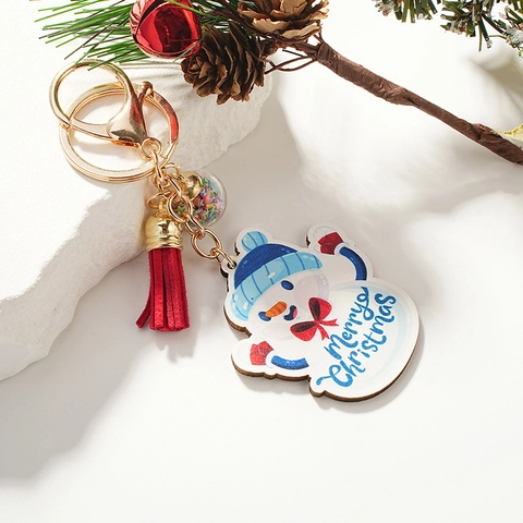 Portachiavi in Legno con Pupazzo di Neve di Natale Con Nappina Rossa Ciondolo a Sfera di Paillettes Colorate Merry Christmas Regalo