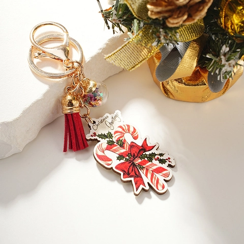 Portachiavi con Bastoncino di Zucchero di Natale Con Nappina Rossa e Sfera di Paillettes Portachiavi in Metallo Dorato per Regalo