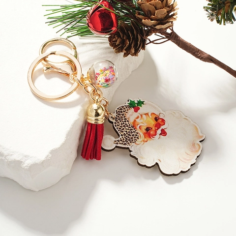 Vintage Santa Claus Wood Keychain Leopard Print Hat Red Tassel Star Glass Ball Christmas Tree Bag Hanging Ornament