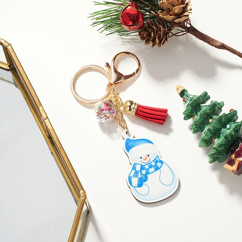 Cute Snowman Keychain Wood Acrylic Keyring With Red Tassel Star Sequin Glass Ball For Backpack Handbag Xmas Gift Decor