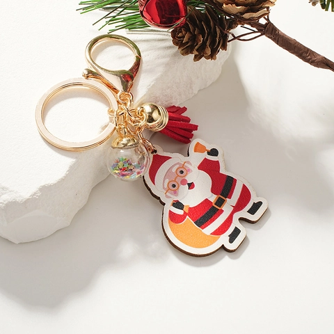 Wood Santa Claus Keychain Red Tassel Sequin Glass Ball Gold Bell Christmas Bag Hanging Ornament Festive Gift