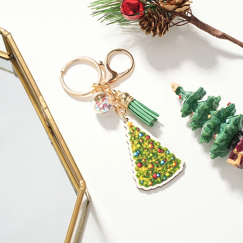Weihnachtsbaum Holz Schlüsselanhänger Mit Grüner Leder Quaste Stern Pailletten Ball Gold Metall Verschluss Festlicher Taschenanhänger Geschenk