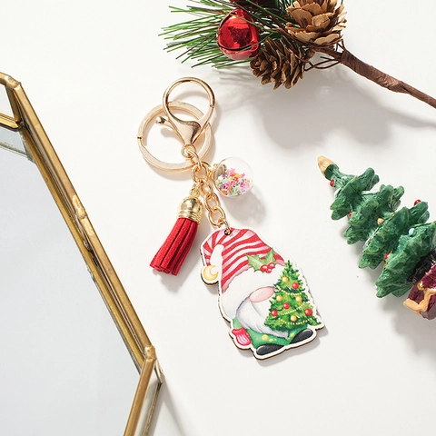 Porte-clés Gnome de Noël en Bois Acrylique Pendentif Sapin de Noël Avec Gland Rouge et Boule à Paillettes pour Cadeau de Vacances