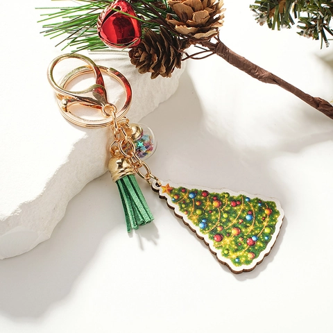 Weihnachtsbaum Holz Schlüsselanhänger Mit Grüner Leder Quaste Stern Pailletten Ball Gold Metall Verschluss Festlicher Taschenanhänger Geschenk